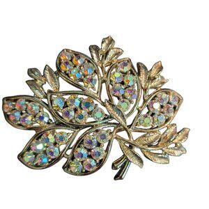 Gold-Tone‎ Leaf Tree Brooch With Aurora Borealis Rhinestones Pin
